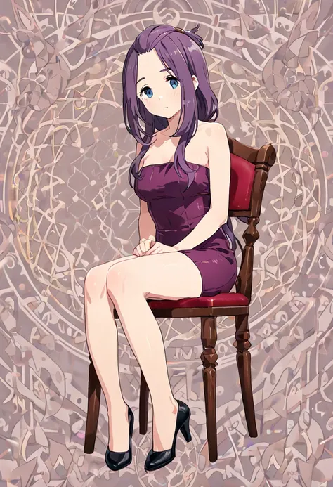 Kagamihara sakura,strapless pothole tube dress,purple dress,black high heels,sit chair,full body,legs,looking at viewer,sexy,