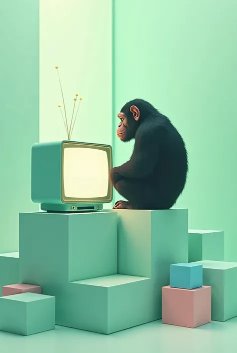 vector anime style, correct anatomy, A soft pastel-colored, faded anime-style black ape sitting on top of randomly stacked mint green square cubes.the ape is watching tv,  Among the cubes, one blue and one pink cube stand out. The background is an abstract...