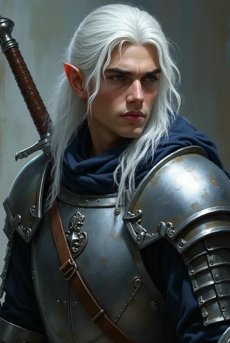 Portrait of a Drow by Dnd, Dark Elf, man,  fine features, With beautiful black on his chin,  of 23 years,  youthful appearance, light eyes,  wavy white hair,  wearing silver armor, a sword and shield on his back 