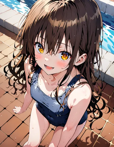 to follow, Yuki mandarin orange, Alone, brown eyes,  brown hair,  hair scrunchy,  long hair,  pink scrunchies, scrunchie , smile,blush, open your mouth, long hair,  tan, school swimsuit,Bare legs, wet swimsuit , wet skin, wet hair, small tits, standing,who...