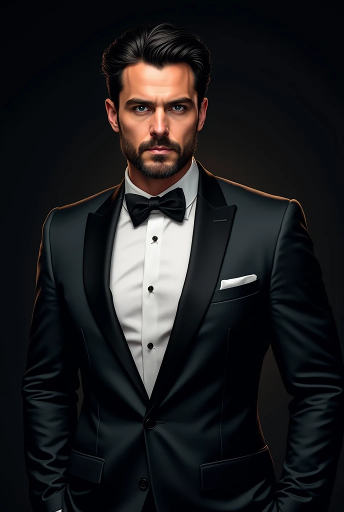  Gorgeous Caucasian man with short black hair,  short beard and blue eyes ,  powerful 30-year-old boyfriend , wearing a nice tuxedo,  standing against a dark background , graphic illustration, Strong and handsome like Super Man,  highly detailed , seductiv...