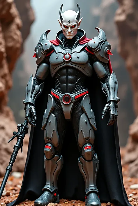  Cyborg man white face red eyes nostrils mouth wide mouth with pointed teeth ears face Bald man with a crest on his forehead costume with collars High above the head made of bones  /  black breastplate with the symbol of a red bat black and gray cybernetic...