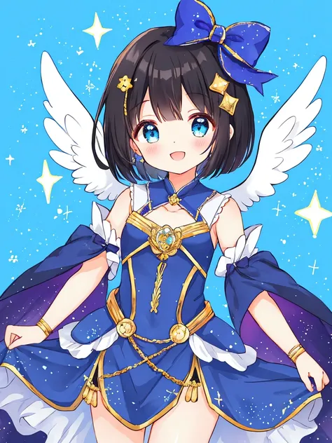  cute girl、delicate、 file、 angel wings on back、Sparkling cute dress 、Short sword in right hand、 flew to Earth with his 、 cute bow on the back of the head、 with a cheerful smile、 has a wide opening、Clear blue sky、 black hair short bob 、 Glitter Effect ,  sp...