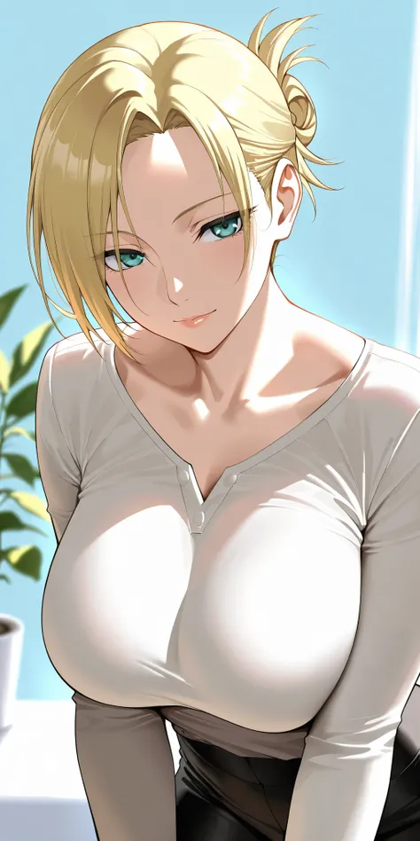 Masterpiece, elegant mature woman, annie Leonhart, tall body, long sleeve shirt, upper body, dynamic lighting, ultra detailed, highres, absurdres, wit studio style, background bedroom plants and flowers, tight breast, light blue background attractive desig...