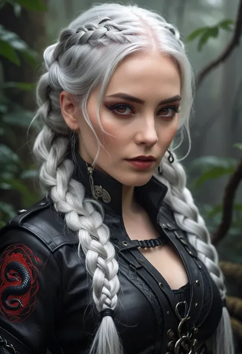 A commanding woman with flowing, silver-white hair intricately braided, her piercing red eyes partially obscured by loose strands. She wears a black, form-fitting military-style outfit with leather straps and intricate detailing. Surrounding her are large ...