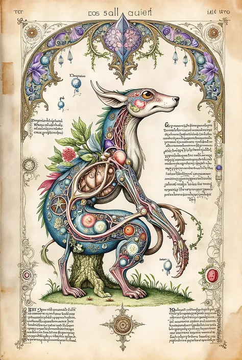 Medieval Illuminated manuscript style artwork, colorful ink pen linework, ((textbook manuscript page)) of labelled anatomical drawing of ((mythical fantastical woodland dreamland Unseelie court creature))