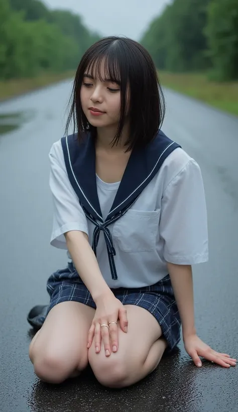  The asphalt is wet 、  there is a buildup of dirt mixed with gravel  、  Kneeling woman, Sailor Suit、Mercury、     textured skin , Rain-soaked body、 Knees open 、   short hair,    thighs  、One hand on the ground