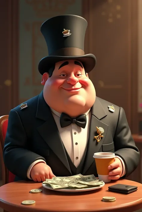 I would like to create a 3D anime of a smiling fat man in a tuxedo and top hat with drawings of coffee on his top hat and tuxedo and with a hand full of money and on the table another poor man sitting at a table with an empty cup with nothing and a wallet ...