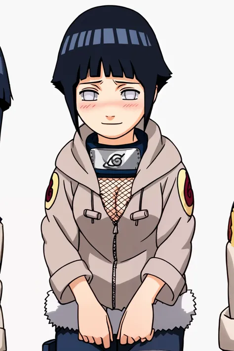 hyuuga hinata, 1girl, black hair, short hair, white eyes, no pupils, hoodie, fur trim, hood down, long sleeves,  konohagakure symbol, forehead protector, score_9, score_8_up, score_7_up, anime screencap, anime coloring, source_anime, 1girl, solo, looking a...