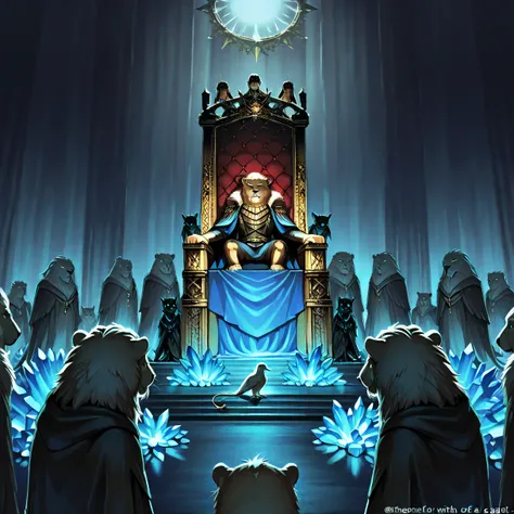 A sea of crystal, in the middle, a throne, surrounded by four creatures, one that looks like a lion, the oufra with a calf, the other with a human and the other with an eagle. E ao redor de a throne, twenty-four more thrones inhabited by elders