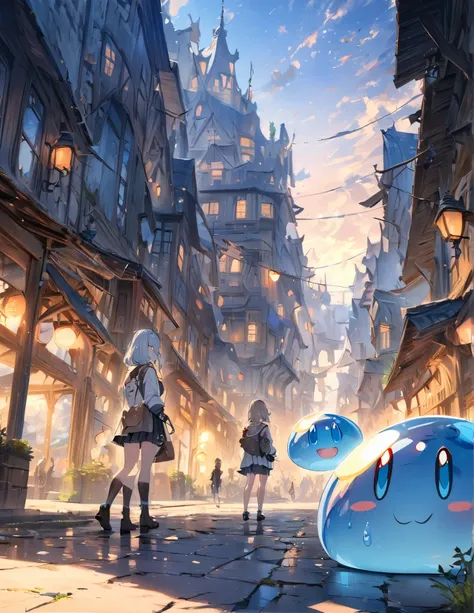 (( style:Colored pencil,Light color))、(Anime)、( Masterpiece:1.2),  Atmospheric Perspective , lens flare、Slime and girl 、 fantasy world 、 cute、Charming slime 、 Traveling Girl 