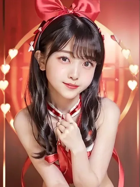 (((32K))), (16k), (8k), (4K), (((32k heart background  ))), ((( cute girl))), (((cute girl))), ( Beautiful fine eyes ), (  cute smile), (((、wide ribbon , Naked wide ribbon, ribbon all over the body 、 shiny red ribbon , ))), (  valentine ), (( finger heart ...