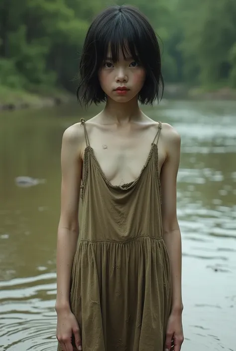 Muddy river, poor girl, , dirty dress, torn dress, dark hair, short hair, long hair, dark hair, big eyes, red lips, white skin, very thin, thin arms, thin legs