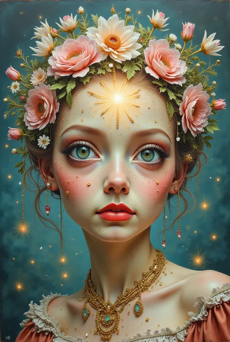 Detailed hyper realistic wet on wet watercolor painting on textured watercolor paper of a full body fairy floating with oversized beautiful eyes wearing a floral crown with flowers and gemstones surrounded by floating luminous crystal sparkles and fireflie...