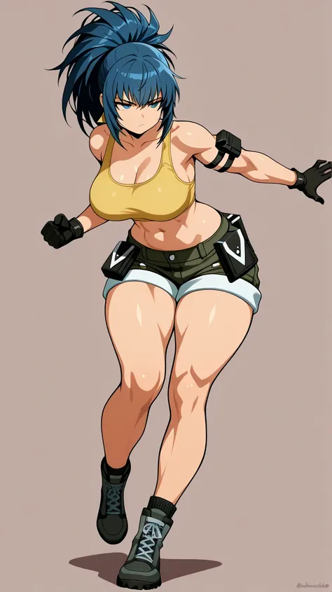 (obra maestra, the best quality, amazing quality),( official style), More quality in the eyes,  Simple background , latest ,1 girl,  Simple background , beautiful eyes, muscular, Leona Heidern,  yellow tank top, shorts, belly button, big thighs, nice breas...