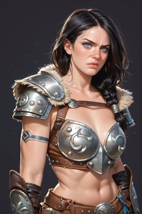 Cartoon of a viking girl, blue eyes, expression of anger, freckles, black hair, sexy leather armor, simple dark background