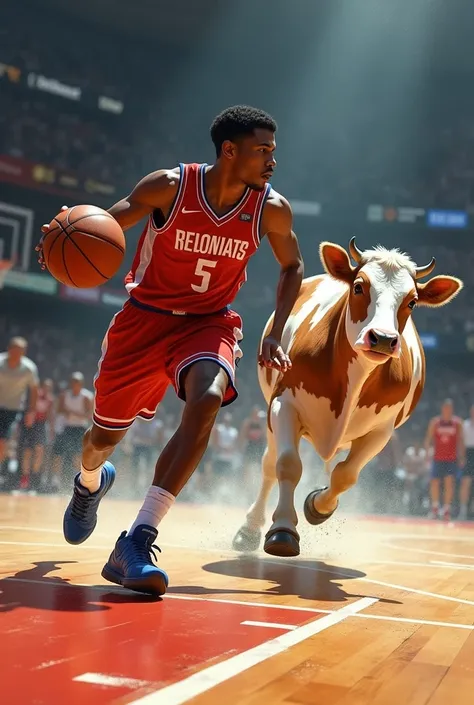 A basketball player breaks the ankles of a dairy cow