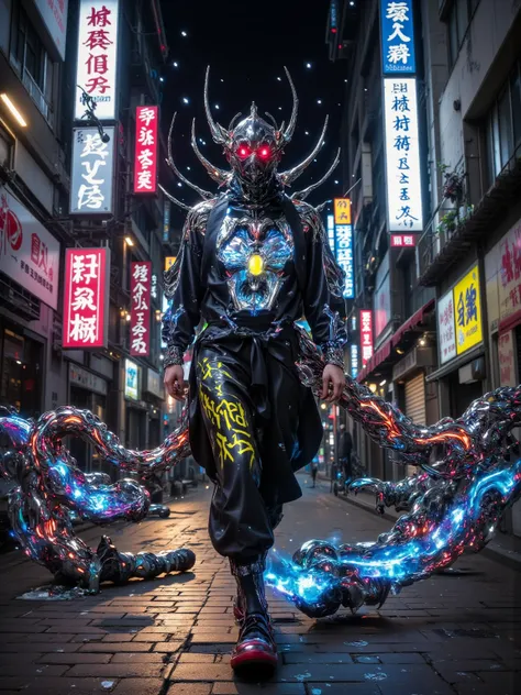 Spiritual art of a man graffiti artist at night in Tokyo, Graffiti on the wall , Balaclava completely covering the face , Art of rebellion moving at night , Graffiti tagging and bomb ,urban art ,Tokyo Streets, Counter art , Level music ,Spray cans, Colorfu...