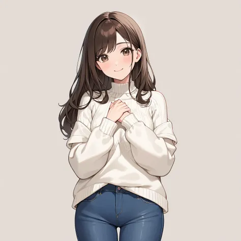 "A beautiful 30-year-old woman, 160cm tall, with a normal physique. She has long, dark brown hair parted in the center, naturally straight and flowing over her shoulders. She wears a cozy white sweater with soft textures and a simple yet stylish pair of bl...