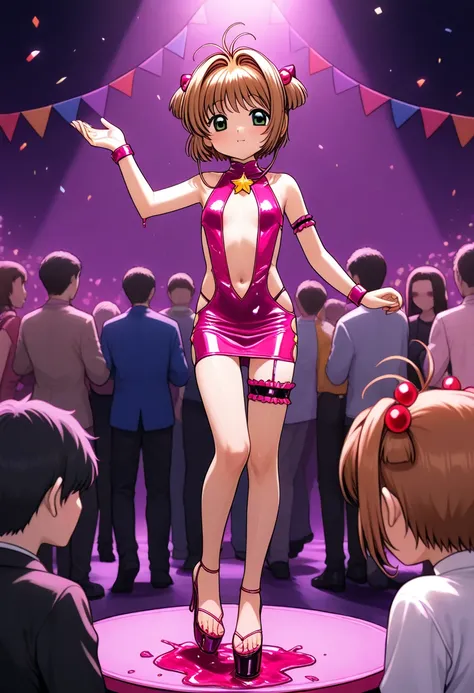 Kinomoto sakura,bodycon,standing,revealing,platform high heels,party,mysterious liquid,liquid on clothes,loli,looking at viewer,