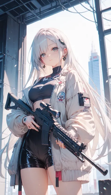 ( Masterpiece,  top quality),  super detailed,  anime style,  cyberpunk girl with white hair,  hold a high-tech rifle ,  Wear a magical girl costume , 8k high resolution,  Trend Art Station ,  Standing in the Wilderness ,  perfect eyes 