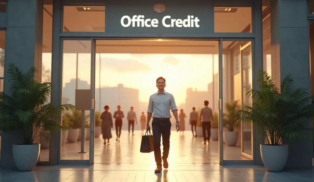 " create a virtual image of a middle-aged Asian man walking into an office building offering credit services. He is wearing polite clothing such as a shirt and slacks, holding a briefcase in one hand, and possibly holding a mobile phone or paperwork in the...