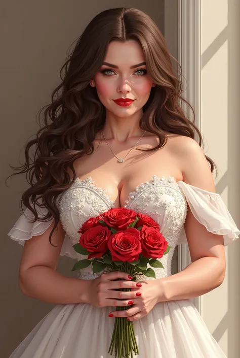  The most beautiful woman in the world,  long, soft hair, brown,  green eyes, plump lips,  curvy body,  voluptuous,  medium breasts seductive brunette, wearing a gorgeous wedding dress,  elegant and sensual,  holding a bouquet of red roses, romantic and se...