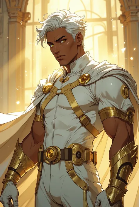 anime boy with White hair And gold eyes wearing a white short sleevedsuperhero outfit with gold accents a white cape with gold boots and gold gauntlets with a very muscular athletic build And his biceps visible, Having an extremely handsome face And White ...