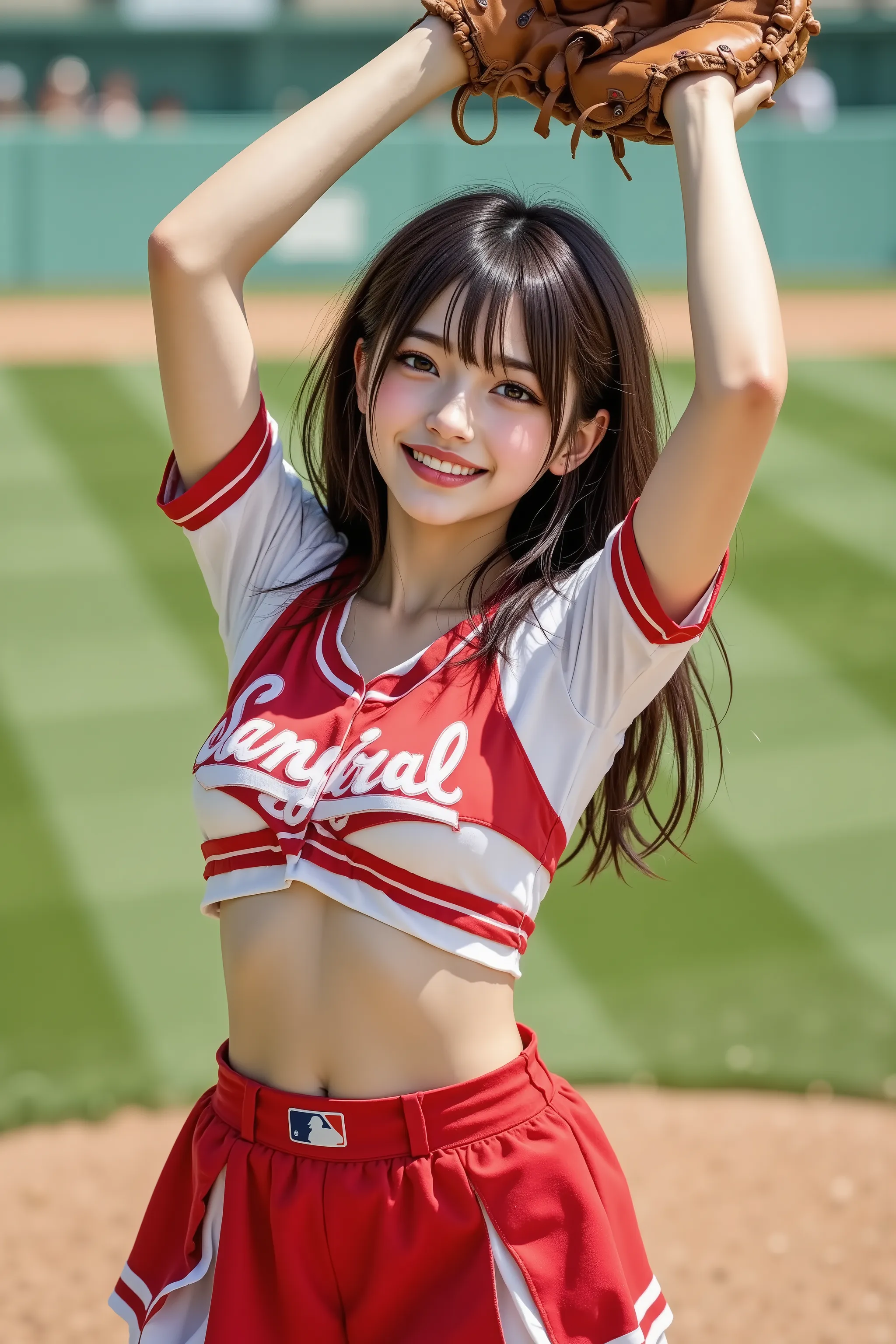 photorealistic,1girl\(smily,Looking up,full body,cheerleaders outfit,(Baseball glove on left hand, hands up,arms raised in air),stunding\),stadium ground,masterpiece, best quality 