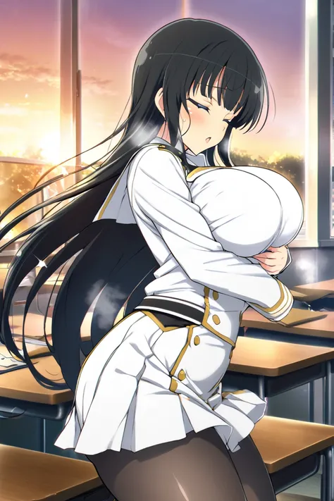 The Best Quality, source _anime, Masterpiece, nsfw, Women (ikaruga(sk), black hair, long hair, eyes closed, large breasts, white military uniform, black pantyhose, white skirt,Thighs,(tights),(Perfect Anatomy),(Heavy Breathing:1)),  hugging and kissing a b...