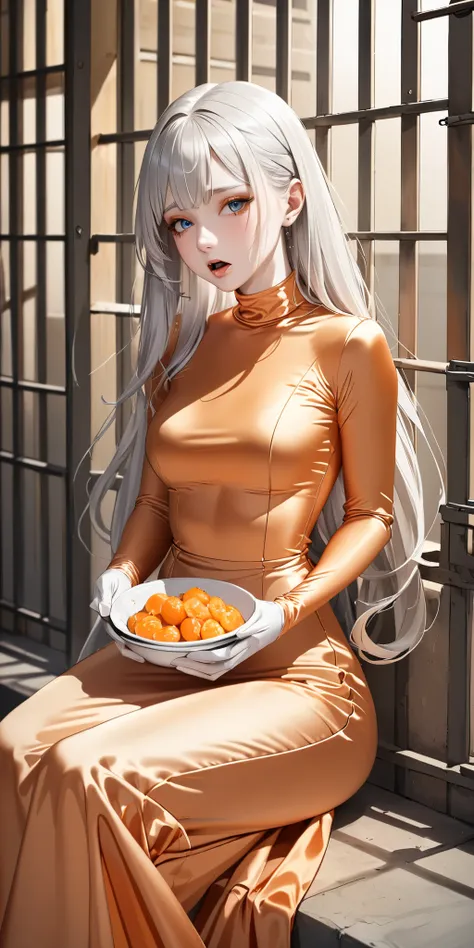 Portraiture、(masterpiece,Highest quality,Ultra-high resolution),Japanese women with silver hair, (((Very beautiful 25 year old girl)))、(She is wearing a shiny light orange satin long sleeve outfit..)、The dress has a simple design without any patterns...、((...