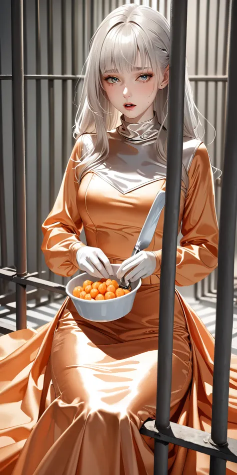 Portraiture、(masterpiece,Highest quality,Ultra-high resolution),Japanese women with silver hair, (((Very beautiful 25 year old girl)))、(She is wearing a shiny light orange satin long sleeve outfit..)、The dress has a simple design without any patterns...、((...