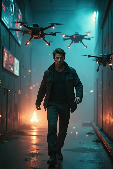 Play Tom Cruise shooting at drones but in a closed place and with floating screens 