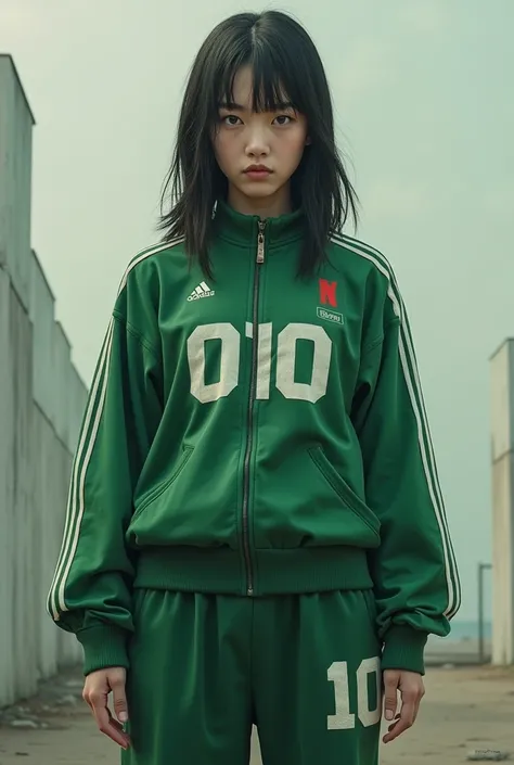 Shin ha-ri from job proposal ,  is wearing the uniform of player number 010 of the squid game