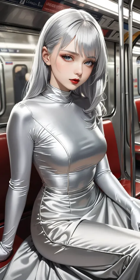 Portraiture、(masterpiece,Highest quality,Ultra-high resolution),Japanese women with silver hair, (((Very beautiful 25 year old girl)))、(She is wearing a shiny light silver satin long sleeve outfit..)、The dress has a simple design without any patterns...、((...