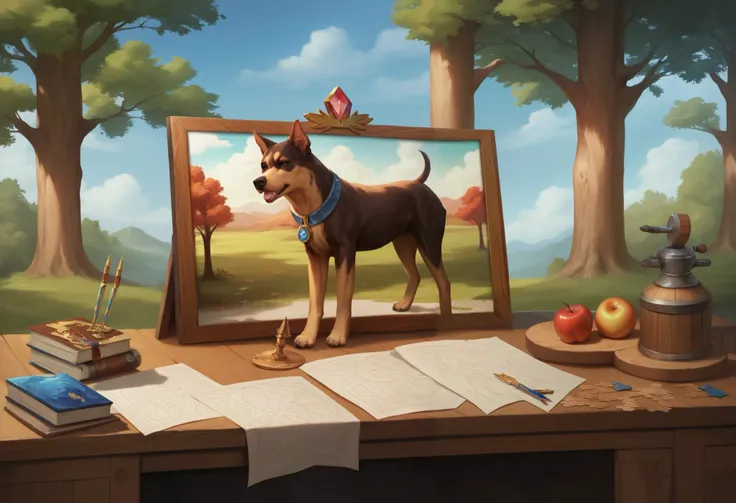 there is a  puzzle piece with a picture of Two dogs and an apple,  puzzle art, Two dogs, Tree Prints ,  puzzle,  on wooden table , a jigsaw  puzzle,  on a wooden desk,  realistic style ,  HIGH QUALITY PORTRAIT, Realistic painting, Large portrait, ultra Rea...