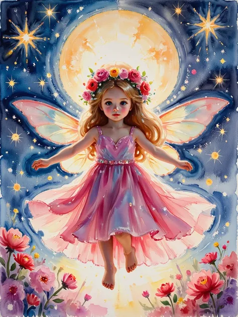 Detailed hyper realistic wet on wet watercolor painting on textured watercolor paper of a full body fairy floating with oversized beautiful eyes wearing a floral crown with flowers and gemstones surrounded by floating luminous crystal sparkles and fireflie...