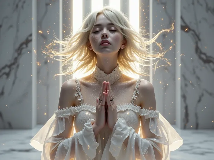 score_7_up, score_8_up, score_9,  surreal, ultra-detailed, 1 Korean young woman (with oily skin texture, blonde hair and self luminescent white shimmering dress) pray with hands clasped together before body, white marble walls in background, one eye closed...