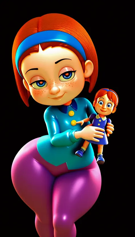  dooren nickle(the ant bully), (she is a doll, tiny doll, toy body, plastic body, doll body, doll), 1girl, toy story, pale body, theeth, looking at viewer,  red pupils, half close eyes, brown hair, bare forehead, blue headband, blue eyes, freckles, blue sh...