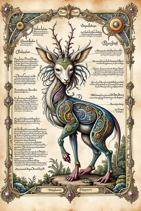 Medieval Illuminated manuscript style artwork, colorful ink pen linework, ((textbook manuscript page)) of labelled anatomical drawing of ((mythical fantastical woodland dreamland ((Unseelie court)) creature))
