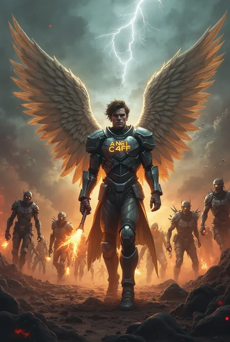  Create a drawing of an angel with majestic wings with the letters ANG1 C4F written on them in pt/br legibly and visibly.  wearing light-reflecting armor , holding an explosive in your hands. In the background,  a chaotic zombie war scene ,  with grotesque...