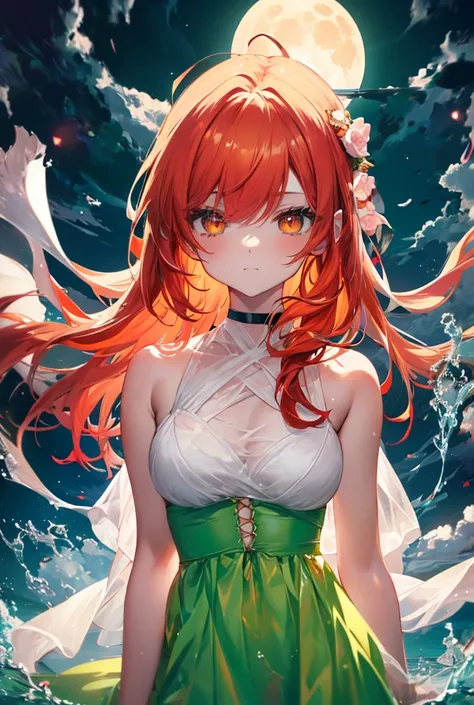   in the seat,    golden eyes ,  Slanted Eyes ,   Delogatory Eyes   ,  Eyes sparkling,  tsundere, Orange and red hair  ,  long hair,  white skin, Chest, slender, Big Moon,The night sky is beautiful, cute girl,Mysterious Girl ,(Green Dress) pink see-through...