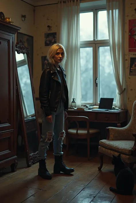  A young woman with a beautiful face stands near a mirror in a St. Petersburg communal apartment facing the viewer.  woman smiles . The room is old, antique furniture, but simple :  wardrobe, sofa,  desk with laptop , armchair,  high windows . , the old wa...