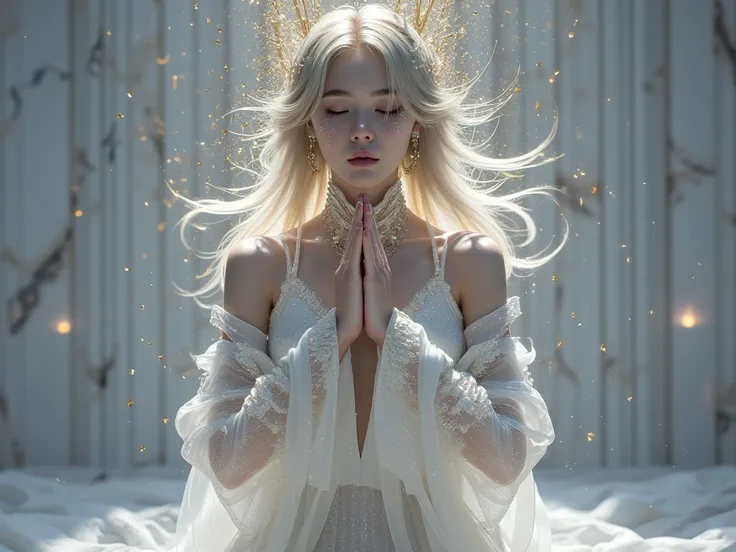 score_7_up, score_8_up, score_9,  surreal, ultra-detailed, 1 Korean young woman (with oily skin texture, blonde hair and self luminescent white shimmering dress) pray with hands clasped together before body, white marble walls in background, winking and ey...