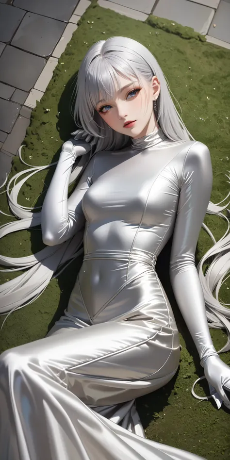 Portraiture、(masterpiece,Highest quality,Ultra-high resolution),Japanese women with silver hair, (((Very beautiful 25 year old girl)))、(She is wearing a shiny light silver satin long sleeve outfit..)、The dress has a simple design without any patterns...、((...