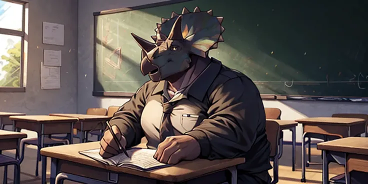 (gordo, overweight man, anthropo, triceratops),  teacher dress , cuerpo completo,  perfect light, Chiaroscuro, You are in a classroom with several human students