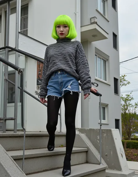 30 years old Japanese beautiful woman, not too thin body, elongated face, gaunt face, big droopy eyes, shiny skin, white skin, perfect makeup, bright green short bob hair with bangs, gray and black patterned sweater, denim shorts, dark black thick tights, ...