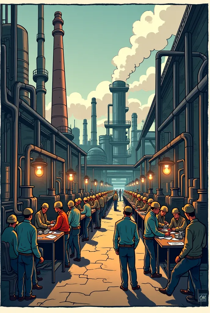  you can create a comic for me according to the text that I will put next Cartoon : " Management in the Industrial Revolution "

📌  SCENE 1 :  The beginning of the change 
(image:  A factory with smoky chimneys ,  workers working with machines former .)
 N...