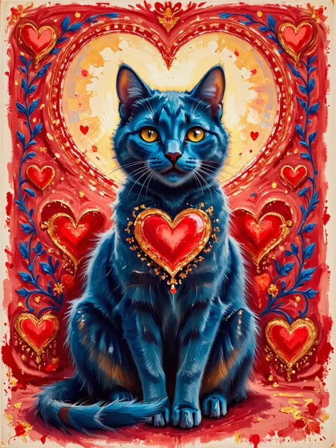  Valentine's card. Line drawing. scarlet color, cobalt blue. White line drawing. Thin lines. Frame. Complex ornamentation, baroque, neo-rococo. Double exposure. Surrealism. A cat created from hearts. Golden eyes and whiskers. Delicate beautiful hearts in t...