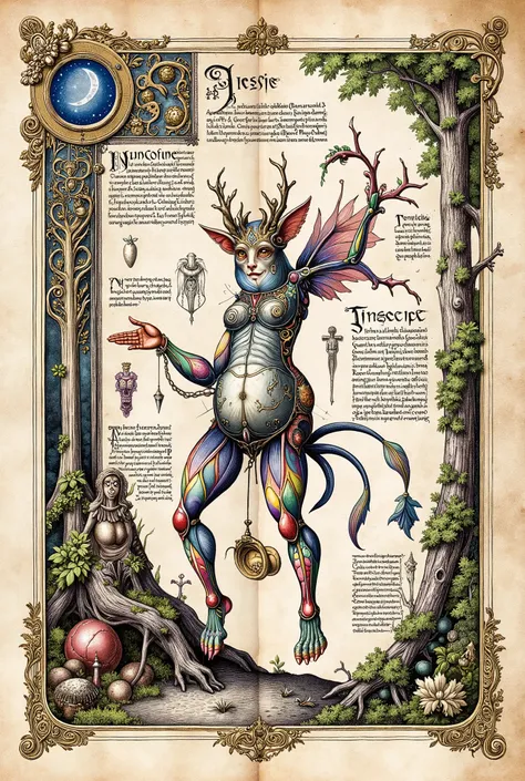 Medieval Illuminated manuscript style artwork, colorful ink pen linework, ((textbook manuscript page)) of labelled anatomical drawing of ((mythical fantastical woodland dreamland ((Unseelie court)) creature))